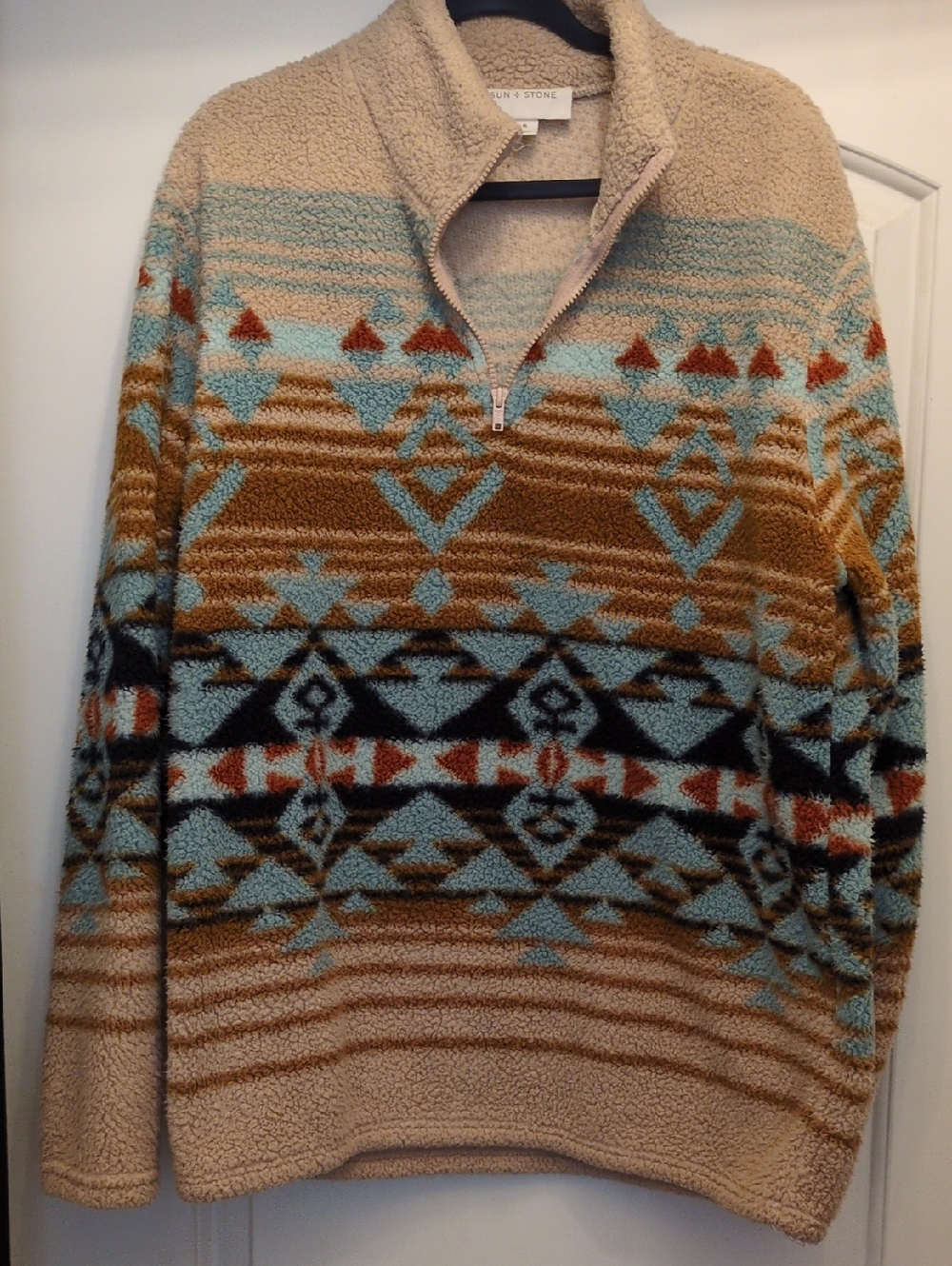 Sun + Stone Beige Aztec Sherpa Half-Zip Pullover